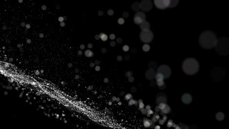 seamless loop, black digital abstract background with wave white particles, glow sparkles and space with depth of field. particles form lines, surface and grid.