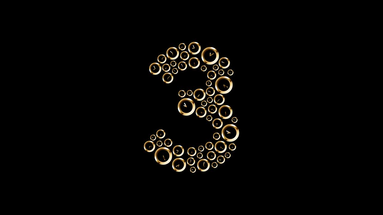 Conto alla rovescia di lettere e numeri dell'alfabeto da nove a zero, motivo orologio casuale, illustrazione concettuale di design di un sistema orario color oro isolato su sfondo nero, animazione 4K con canale alpha matte