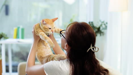 woman playing with a cat