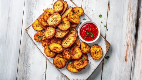 golden fried plantains on rustic white wooden cutting board