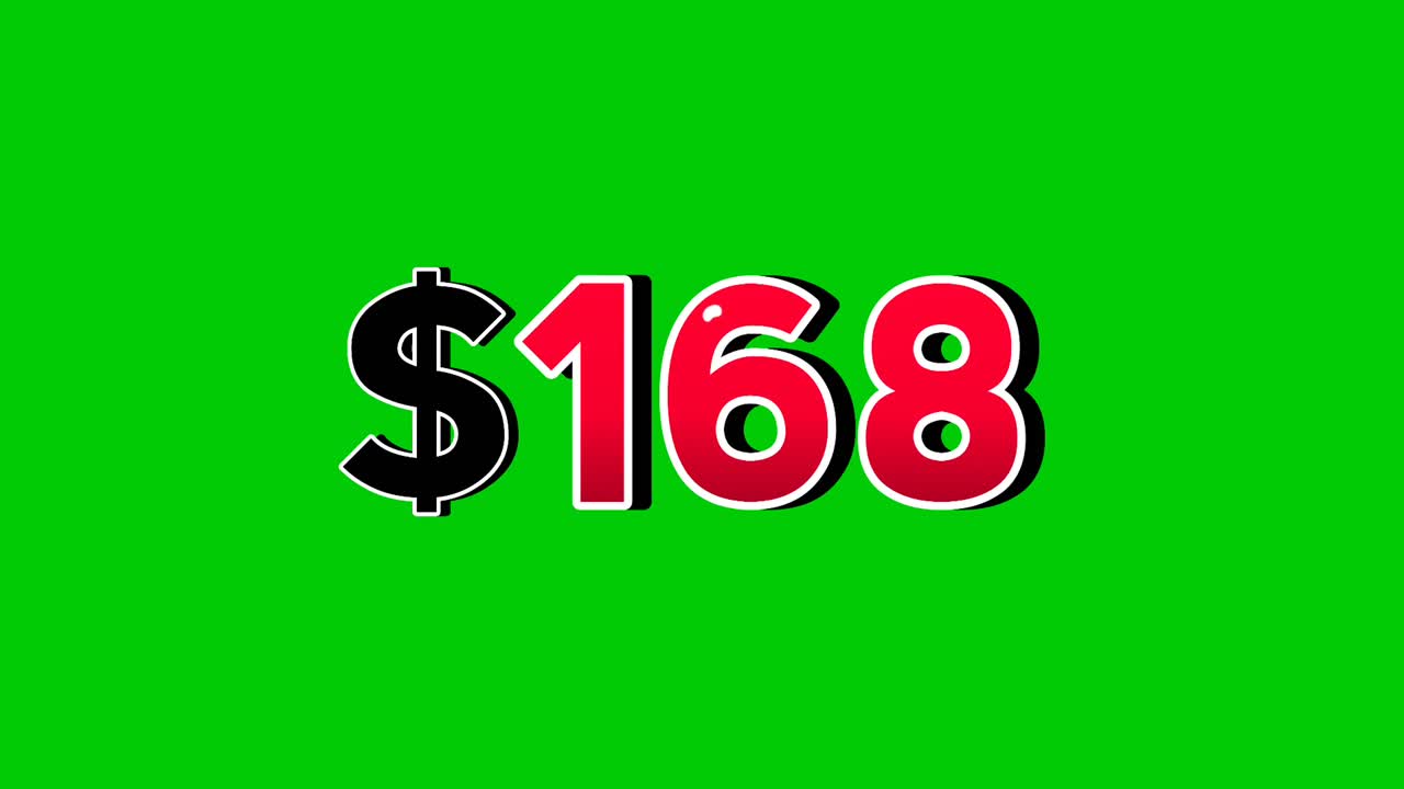 Animation number $168 dollar sign motion graphics with smoke effect green screen background vibrant red numbers. Video 3D effect with shadows for video elements business concept