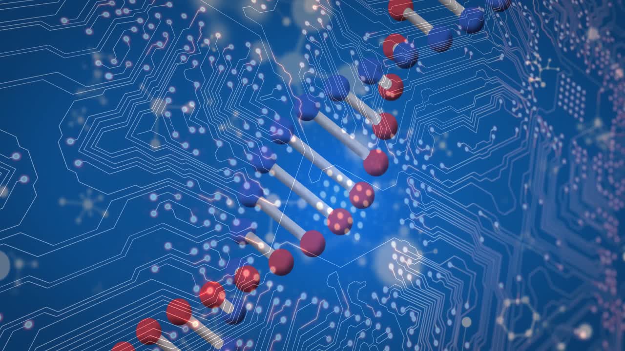 Animation of dna strand and molecules over computer circuit board on blue background