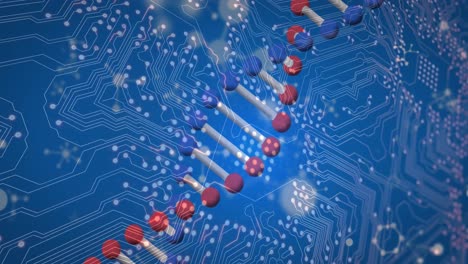 파란색 배경에 있는 컴퓨터 회로판 위에 있는 dna 가닥과 분자의 애니메이션