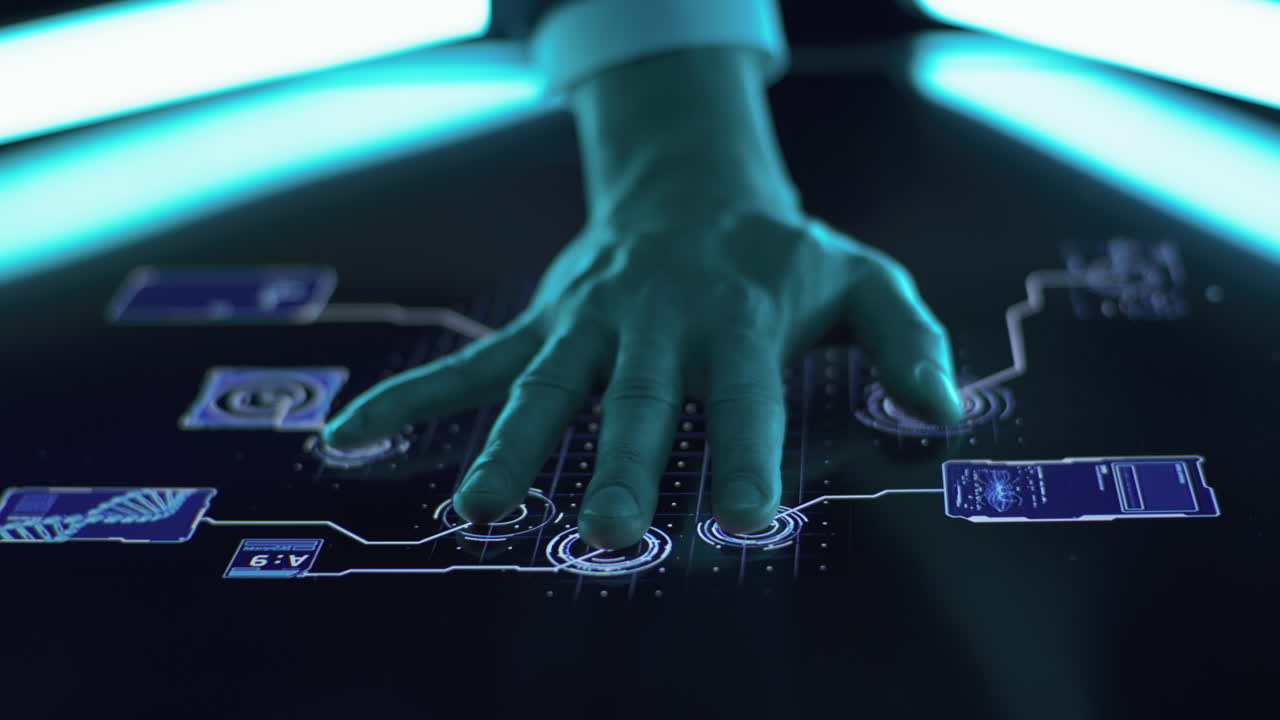 Hand interacting with a futuristic touchscreen display