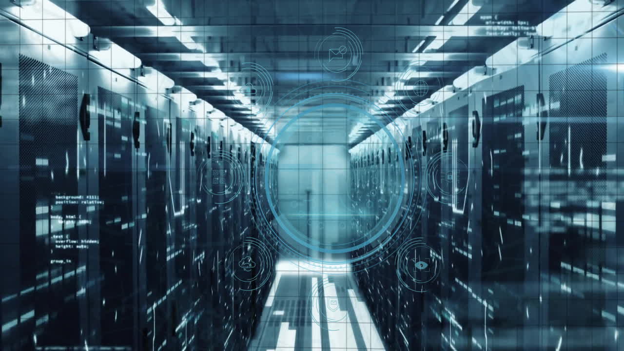 Animation of glowing lights in futuristic data center corridor with digital elements