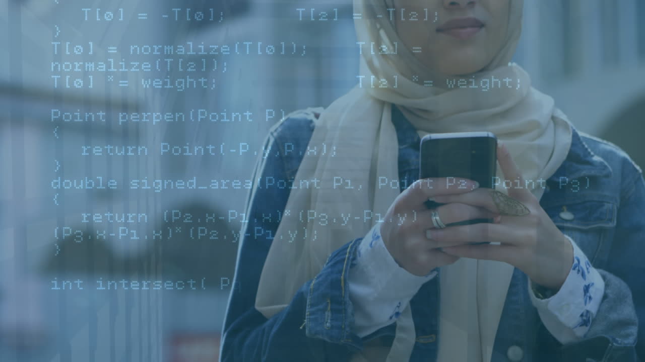 Animation of financial data processing over biracial woman using smartphone