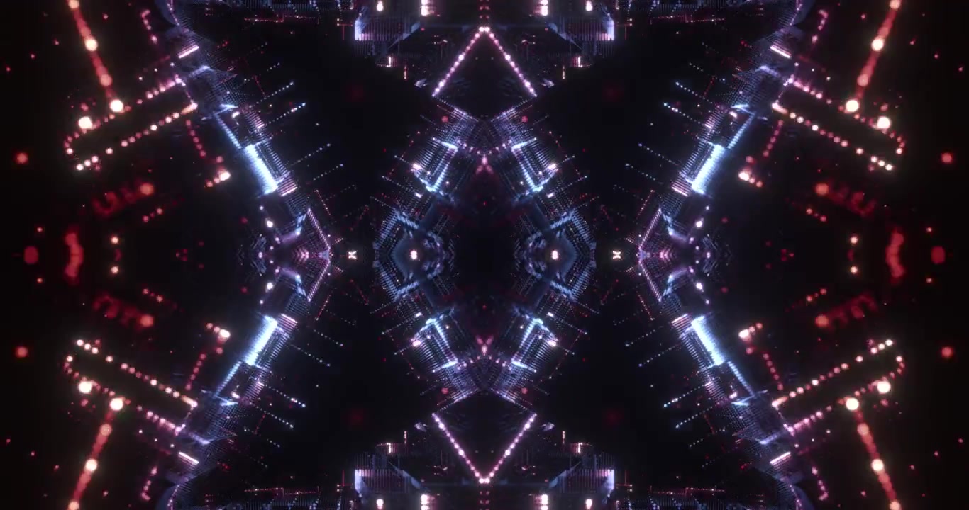 Motivi geometrici luminosi simmetrici al neon blu e rosa