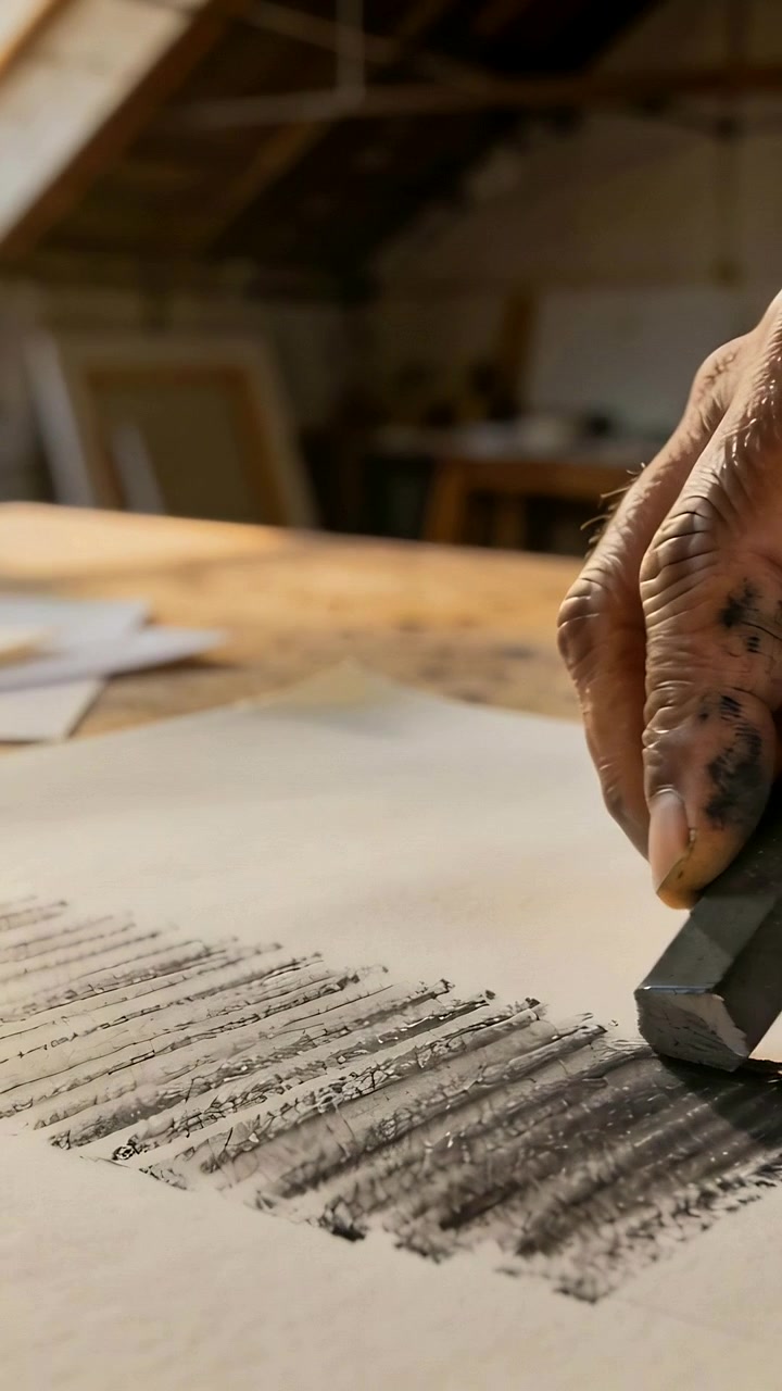 Hochformat-Video: Künstlerhand mit Ärmel beginnt, Zeichenkohle auf Papier im Atelier für die Schattierung zu verreiben