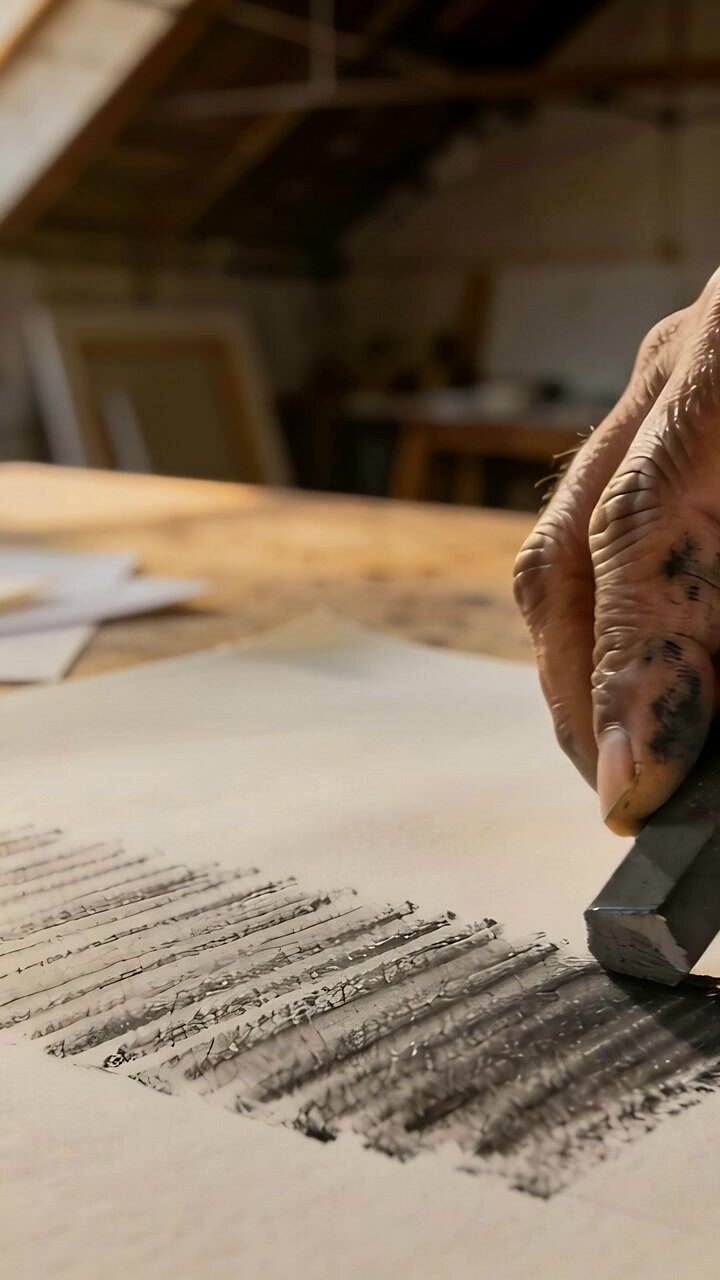 Pystyvideo: Hihallinen taiteilijan käsi hieroo hiiltä paperille studiossa sävyn luomiseksi