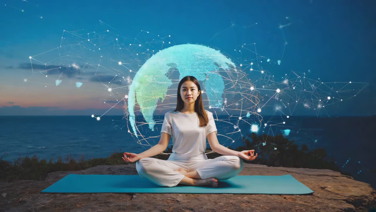 Woman Meditating in Lotus Position with Global Network Overlay
