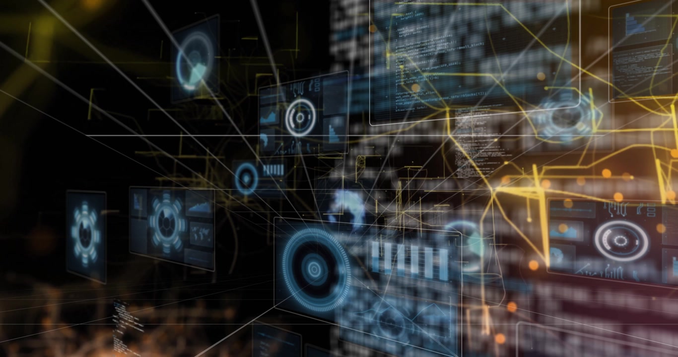 Upon grid lines converging panels appearing, orange lines linking blue dashboards forming 3D view