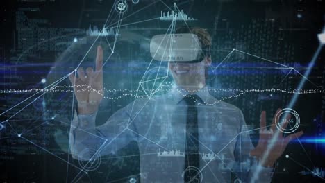 network of connections and data processing against caucasian businessman wearing vr headset