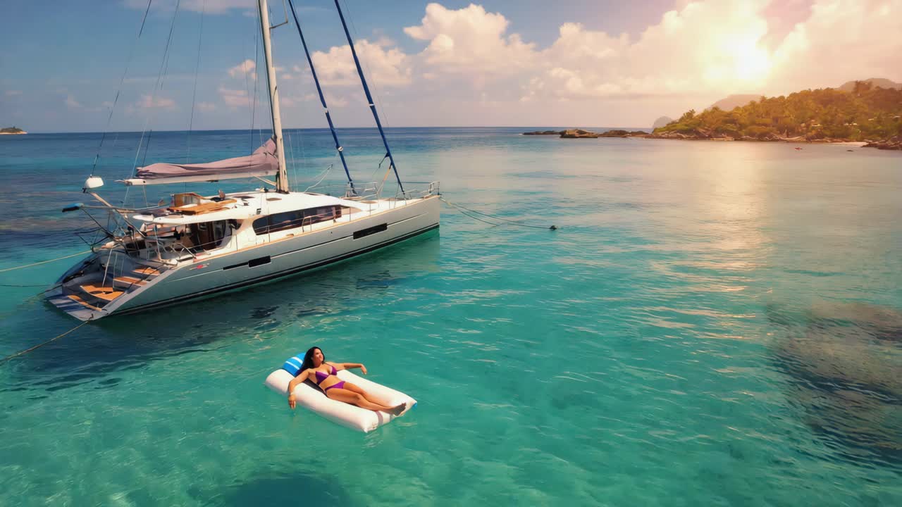 Woman Relaxing on Raft near Sailboat in Tropical Sea