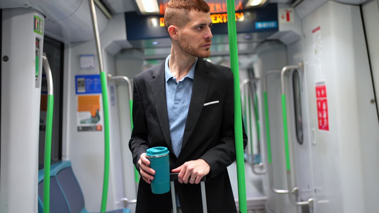 Man with Suitcase and Cup on Subway Train