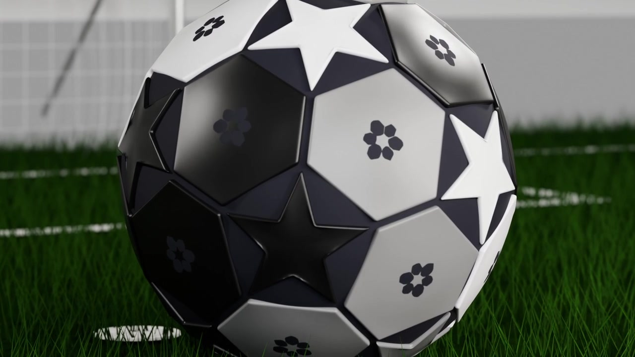 Kamera der trækker sig tilbage, mønstret fodbold der roterer og ruller hen over banen mod målet for at lægge sig til ro