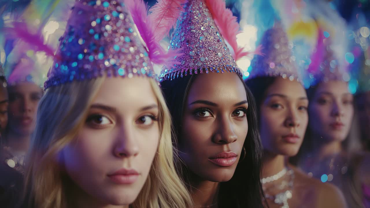 Opening shot centering quartet in sequin costumes, cone hats on stage, lighting flickering on gazes