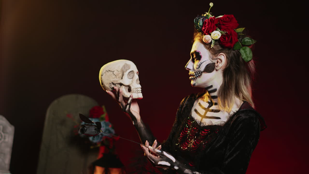 Woman dressed up as Day of the Dead character holding a skull