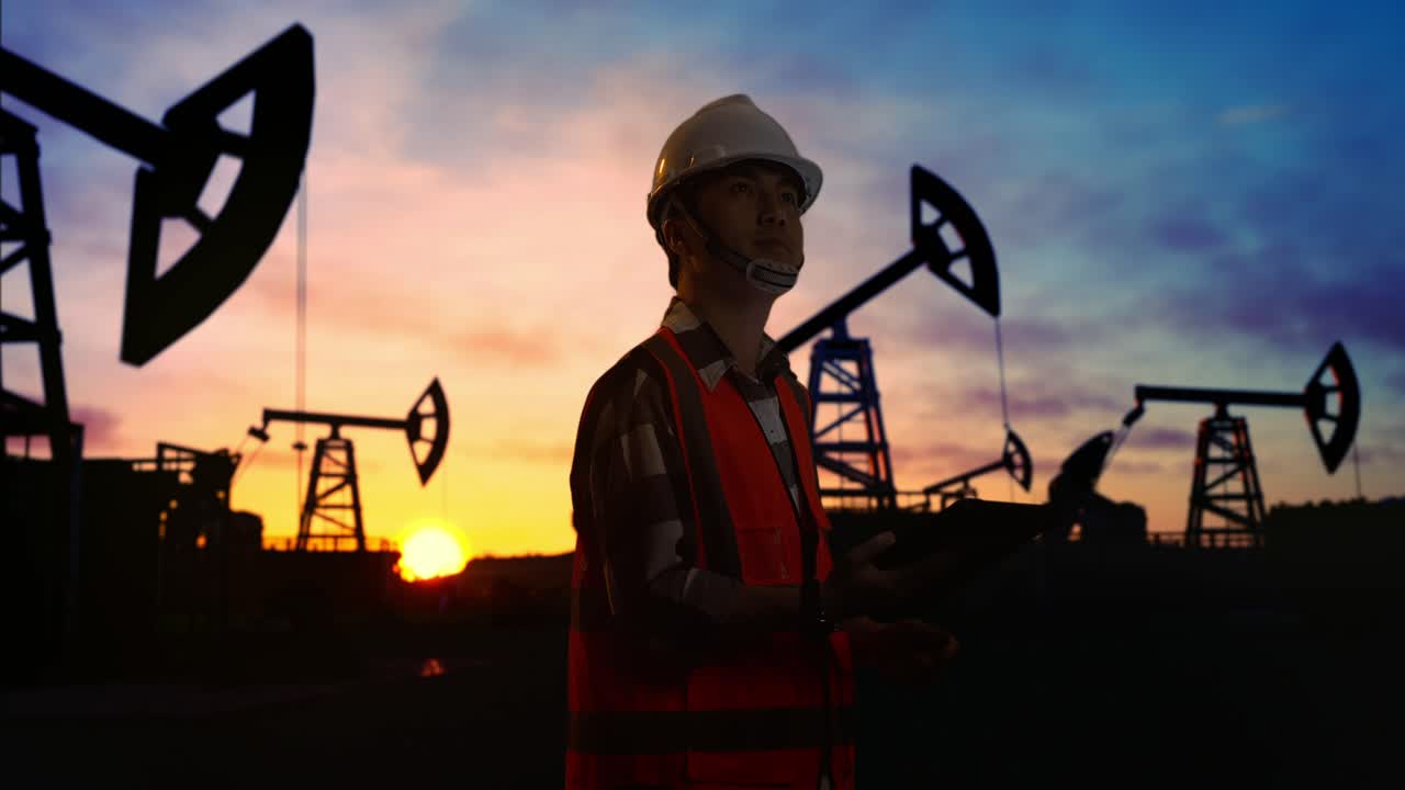 vista lateral de un ingeniero masculino asiático con casco de seguridad mirando la tableta en su mano y mirando a su alrededor mientras está de pie frente a las bombas de petróleo, durante la puesta o salida del sol