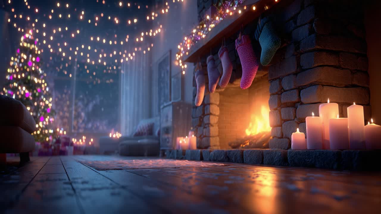 A Cozy Holiday Evening by the Fireplace: Warm Lights, Colorful Stockings, and Sparkling Christmas Tree Create a Festive Atmosphere for Celebrations