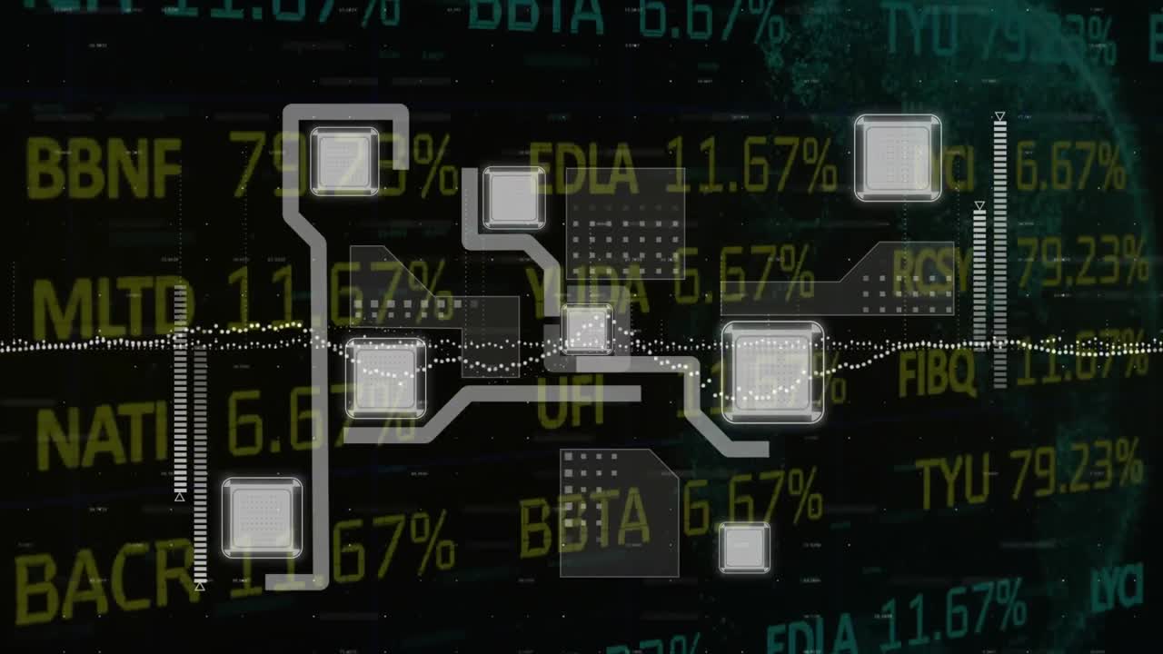 Animation of network of connections over financial data processing over globe
