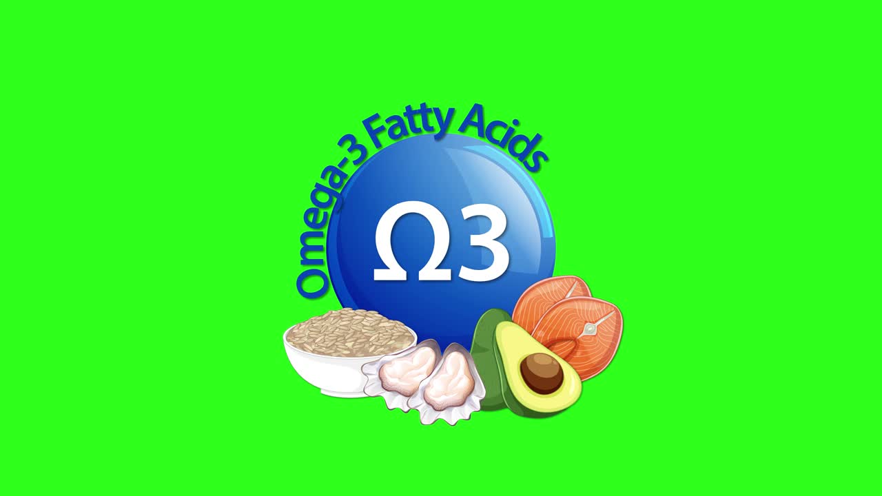 A blue Omega-3 badge animates to the center, surrounded by salmon, avocado, and seeds, with text and bright green background, smooth transitions