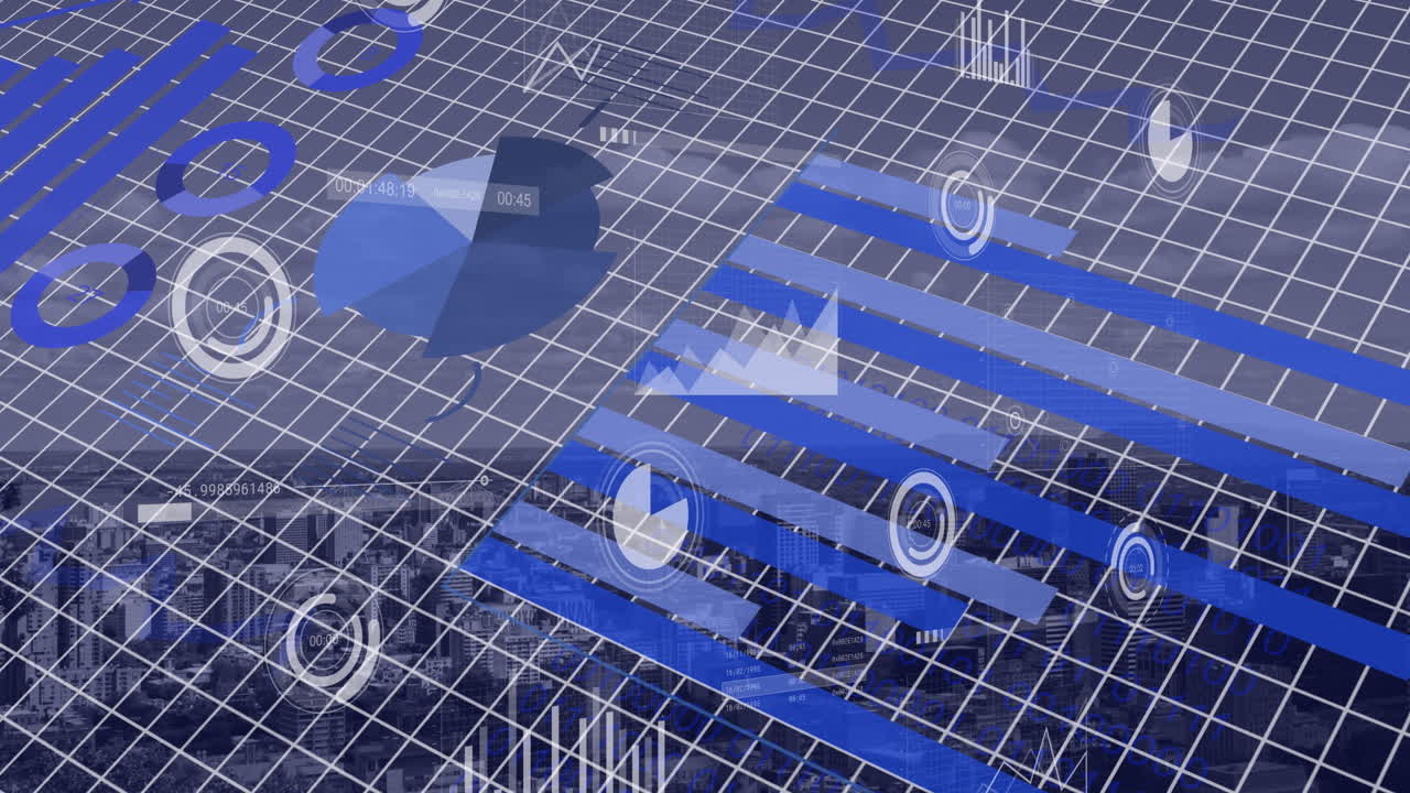 Animation of financial data processing over city