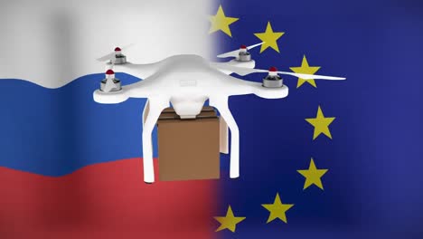 animation of drone with box over flags of russia and eu