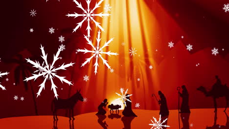 animation of snowflakes over nativity scene on red background