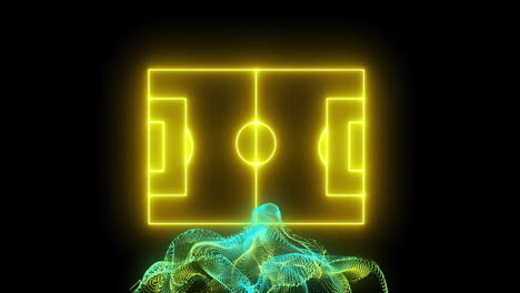 neon yellow soccer field animation over blue and yellow digital waveforms