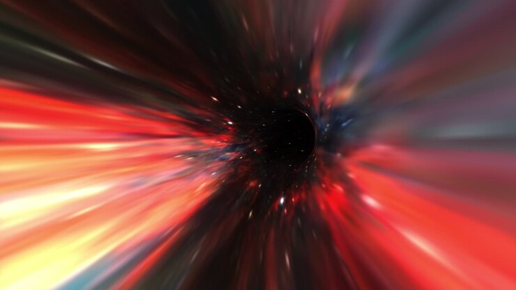 Abstract dark red multicolored hyperspace warp tunnel through time and space animation. 4K 3D Loop Sci-Fi interstellar travel through wormhole in hyperspace vortex tunnel. Abstract teleportation velocity jump