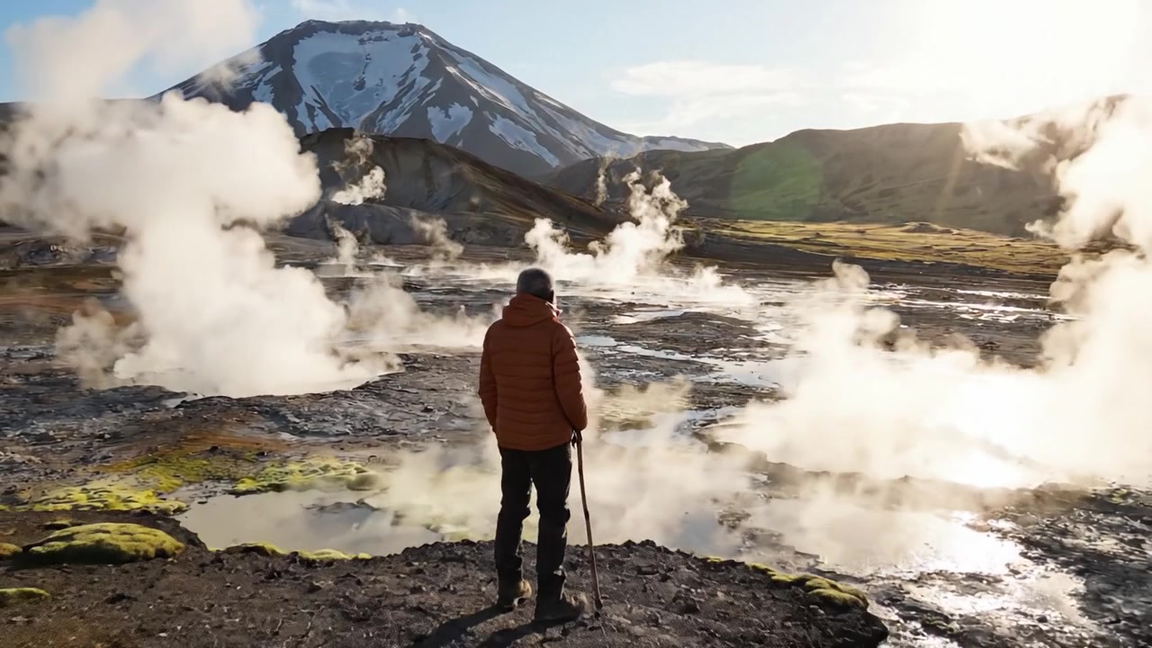 En meditativ spadseretur gennem et majestætisk landskab: Omfavnelse af naturens vidundere ved et dampende geotermisk sted med fokus på udforskning og ro.