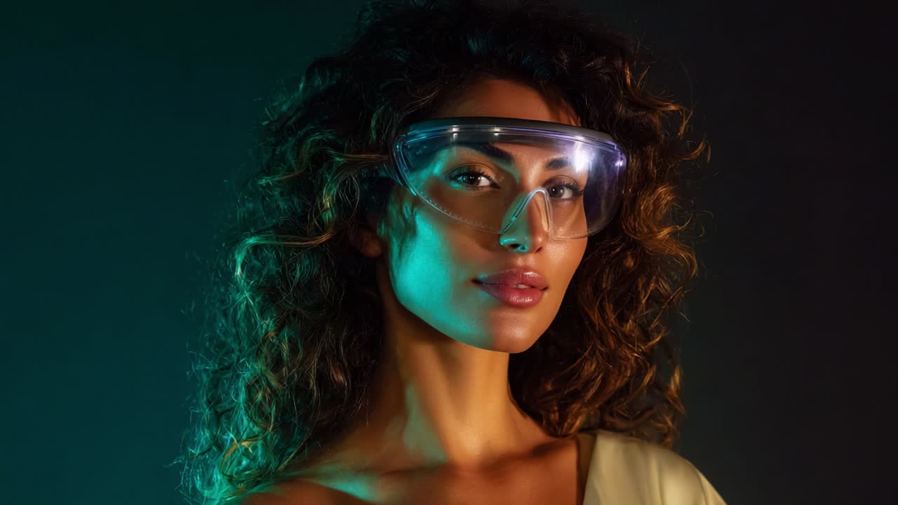 Captivating Portrait of a Confident Individual with Curly Hair and Protective Eyewear Under Dramatic Lighting, Emphasizing the Fusion of Beauty and Safety in a Unique Fashion Context