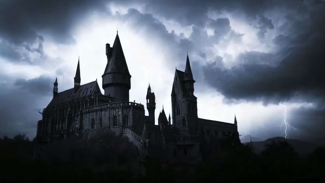 Flashing forks of lightning illuminating gothic castle on hilltop, outlining towers and spires