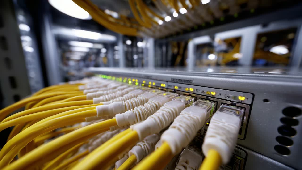 Close-Up View of Network Switch with Illuminated Ports and Yellow Ethernet Cables Connected in a Data Center Infrastructure Showing Connectivity and Communication