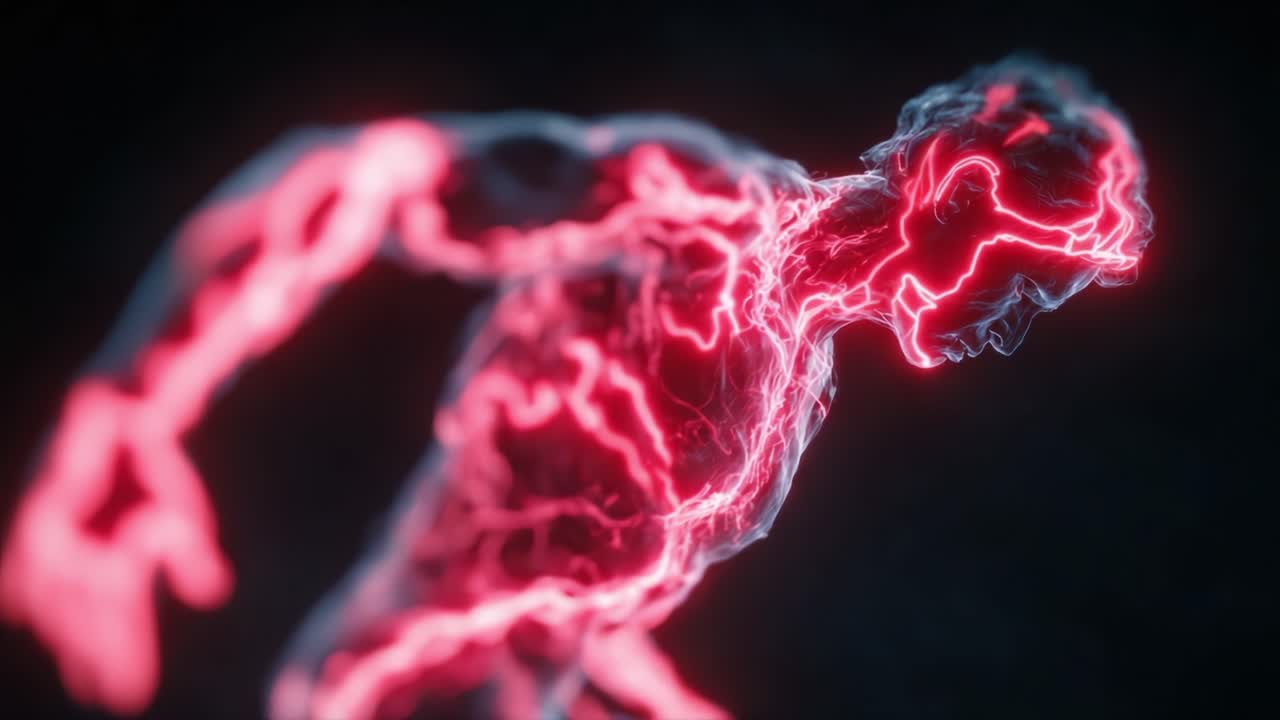 Una rappresentazione visiva dinamica di una figura umana con energia pulsante che scorre attraverso il corpo, evidenziando vitalità e movimento in una sorprendente esposizione di luce e colore.