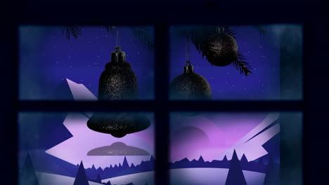 marco de la ventana contra las decoraciones de navidad colgando y paisaje de invierno