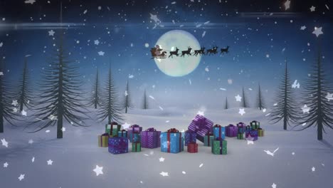 Animation-Einer-Winterlandschaft-Mit-Geschenken-Und-Weihnachtsmann-Im-Schlitten