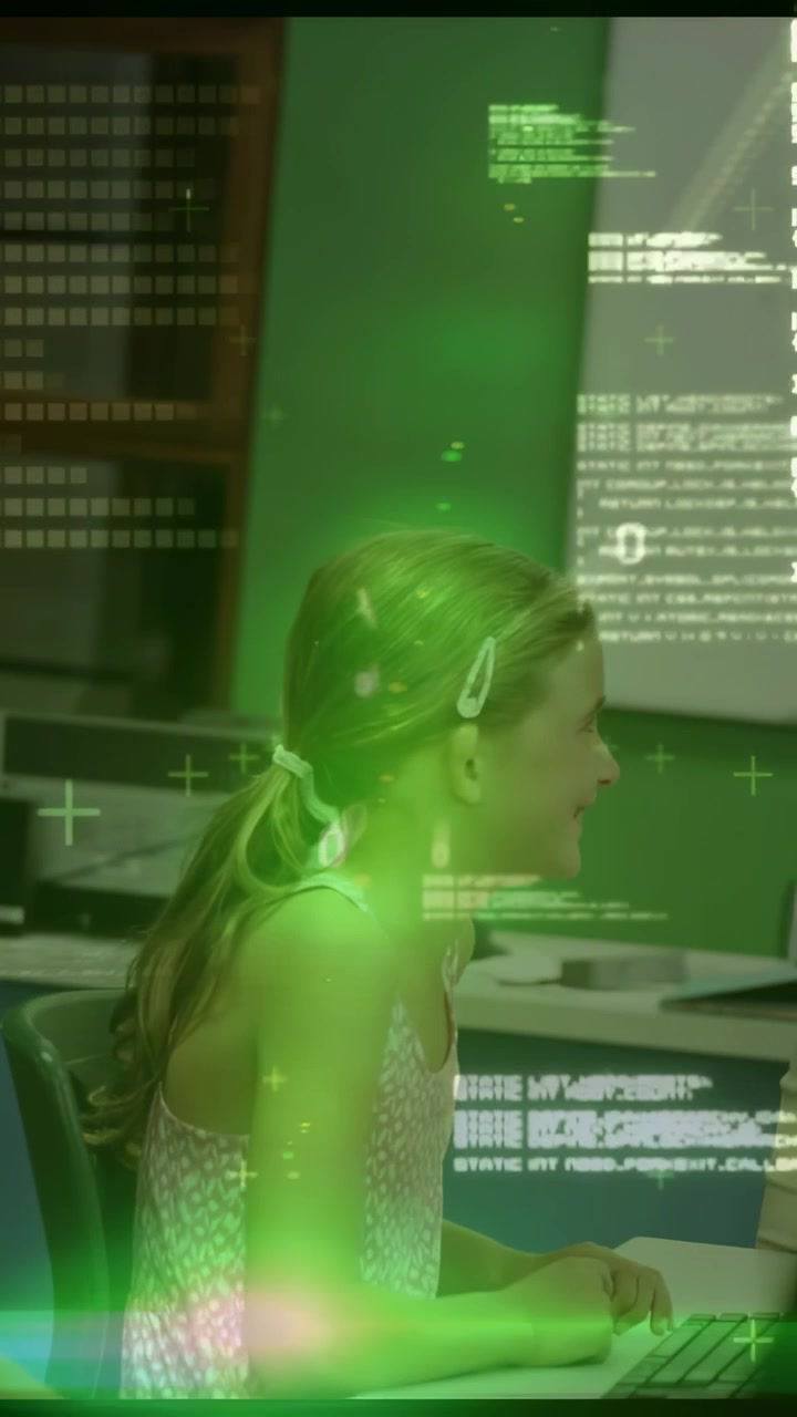 Video verticale: Ragazza che digita al PC, con l'insegnante che si avvicina, mentre un codice verde inonda lo schermo e lei risponde all'insegnante.