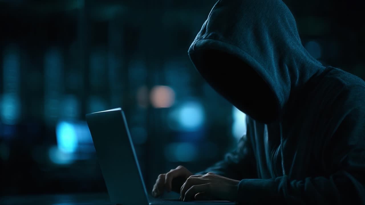 Una figura misteriosa con un cappuccio impegnata in attività digitali in un ambiente poco illuminato, che suggerisce temi di sicurezza informatica e anonimato.