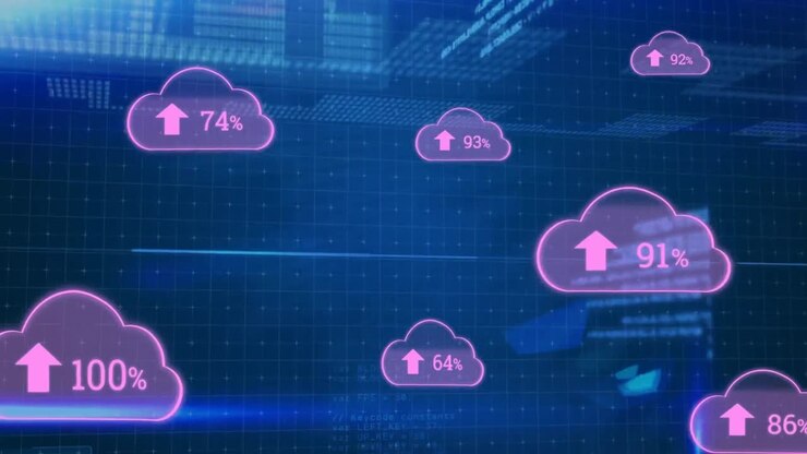 Animation of cloud icons and data processing over dark background