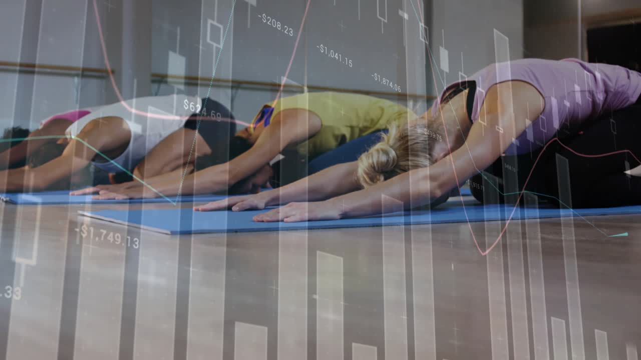 Five peers kneeling, starting forward fold on blue mats for relaxation, financial charts overlaying