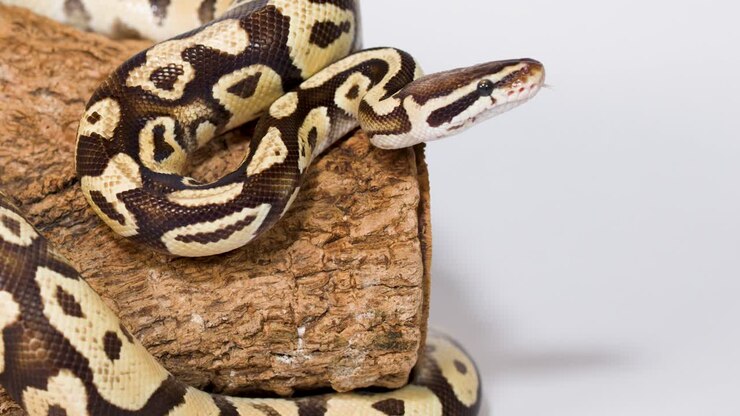 Ball python slowly crawls along textured wooden log in bright studio lighting, tongue flicking inquisitively