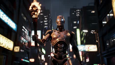 a futuristic humanoid robot stands confidently in a neon-lit urban environment, wielding a flaming torch amidst the rain, showcasing a blend of technology and artistry