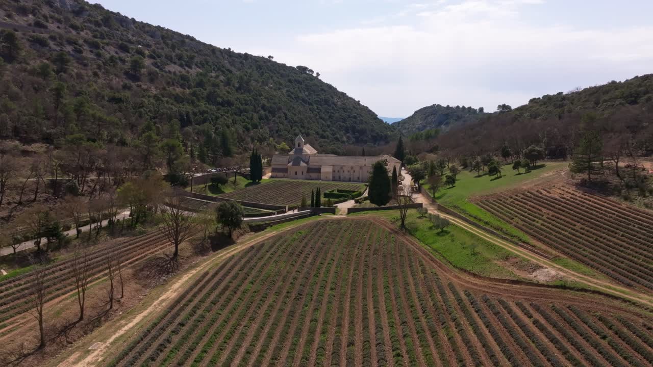 Vista aerea dell'Abbazia medievale di Sénanque circondata da campi di lavanda.