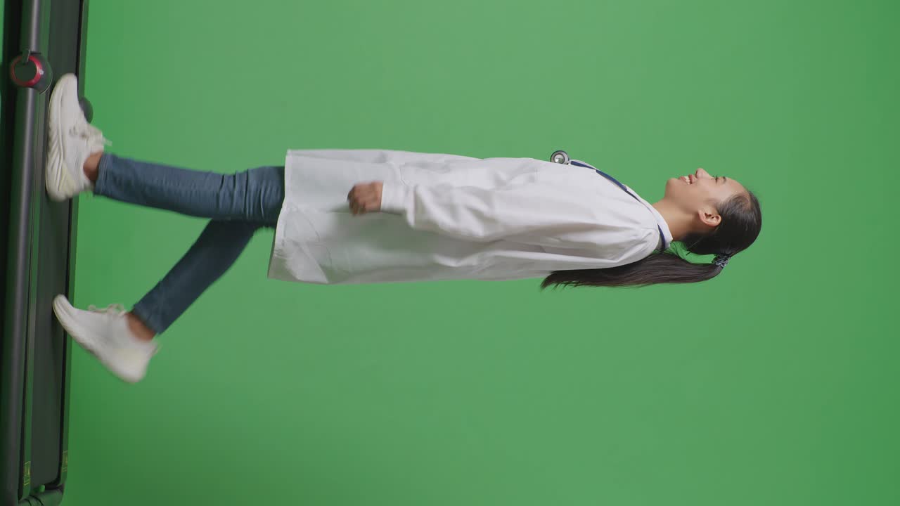 병원에서 녹색 스크린 배경에서 걸어가는 스테토스코프를 가진 아시아 여성 의사