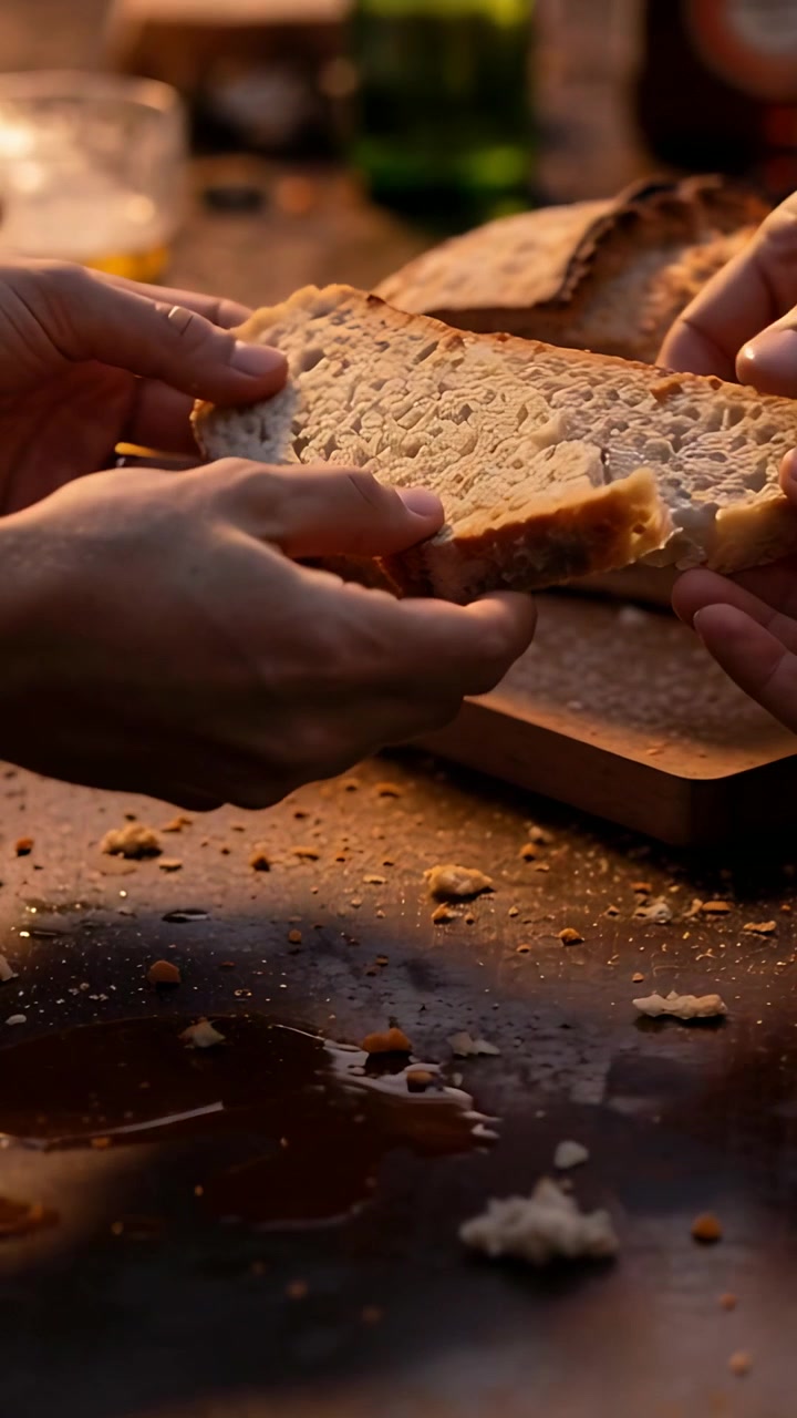 Vertical video: Nudging bread slice for sharing, two hands holding and checking on table with beer