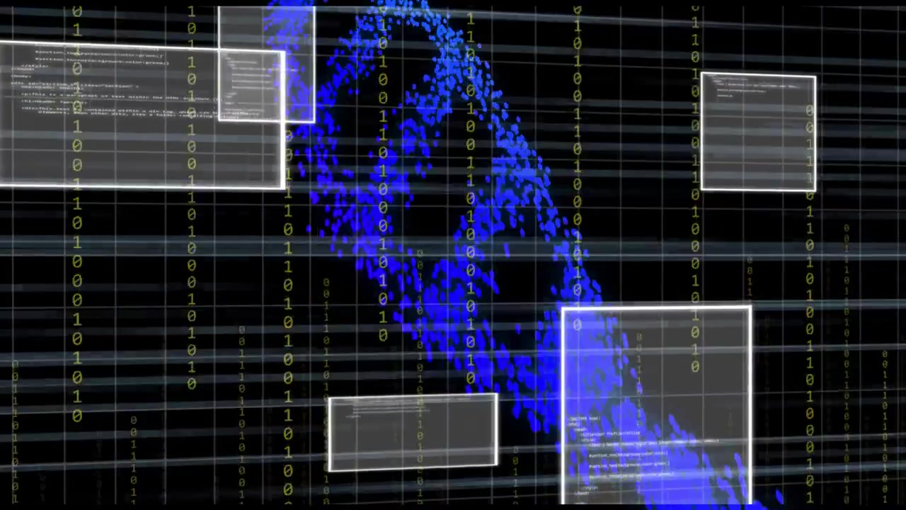 Top-left blue specks sparking, coalescing into twisting helix across black grid, showing data flow