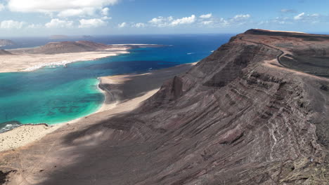 uma visão aérea de alta altitude de uma costa das ilhas canárias, vista superior das falésias de 300m na praia de famara