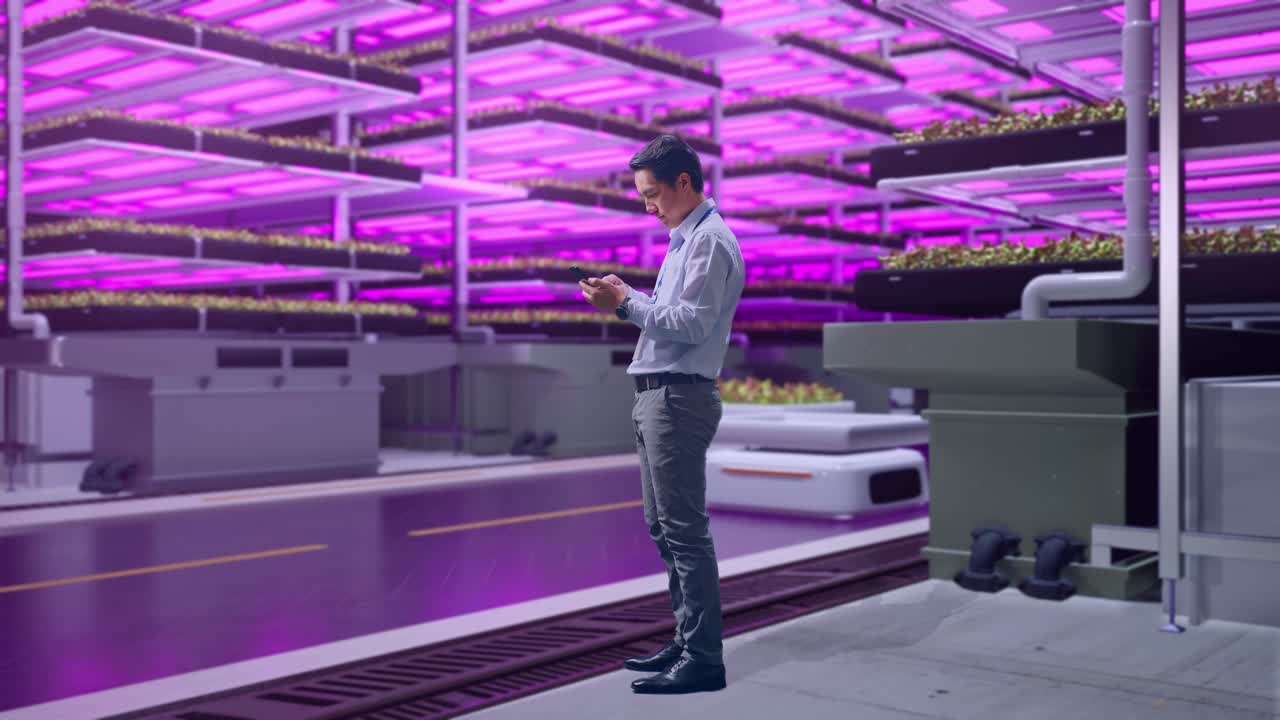 Full Body Side View Of An Asian Male Professional Worker Standing With His phone In Vertical Farm, High-tech Industrial Facility, Working Continuously With His phone