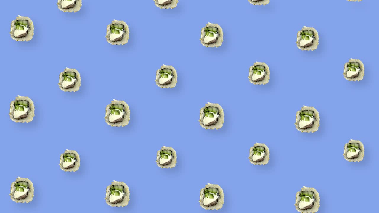 일본식 수시 롤의 다채로운 패턴, 수시와 함께 완벽한 패턴,  뷰, 현실적인 애니메이션, 4k 비디오 모션